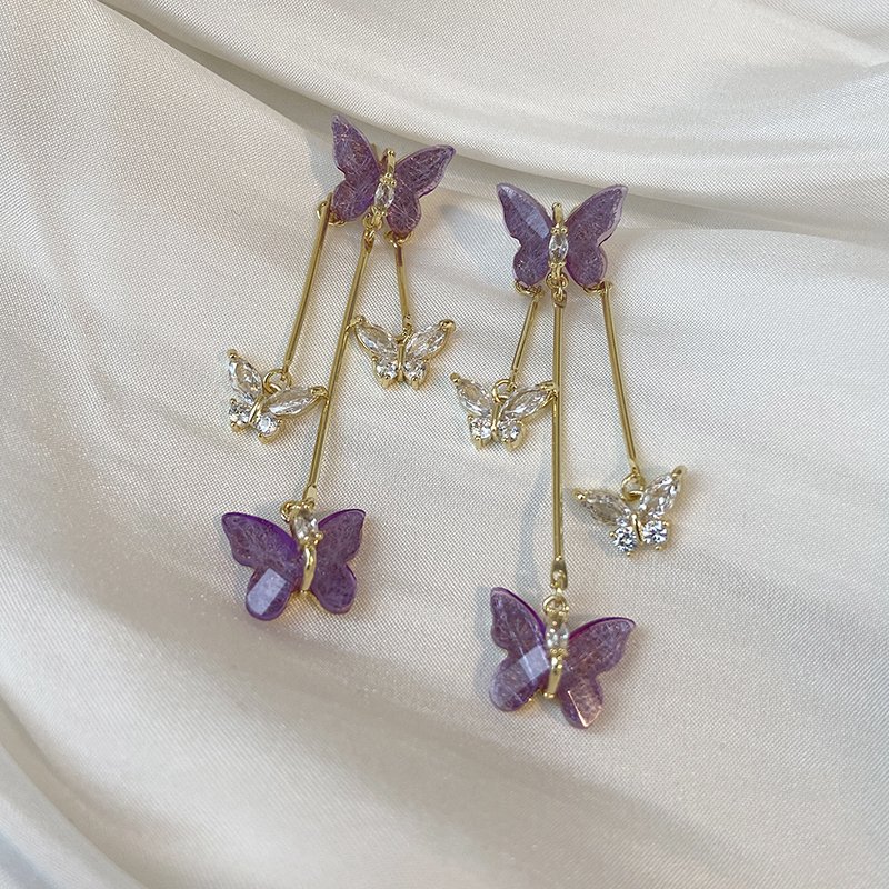 Purple butterfly tassel earrings, female niche high-end earrings, 2024 new popular style, temperament ear accessories