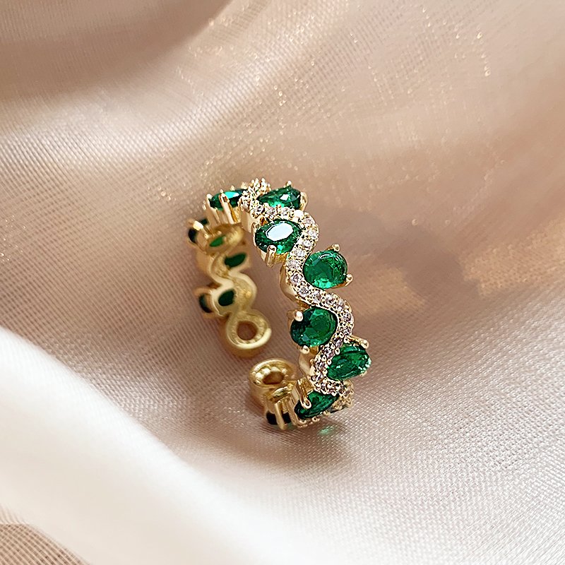 Retro emerald zircon ring with female niche design, light luxury and high-end feel, index finger ring 2024 new popular item