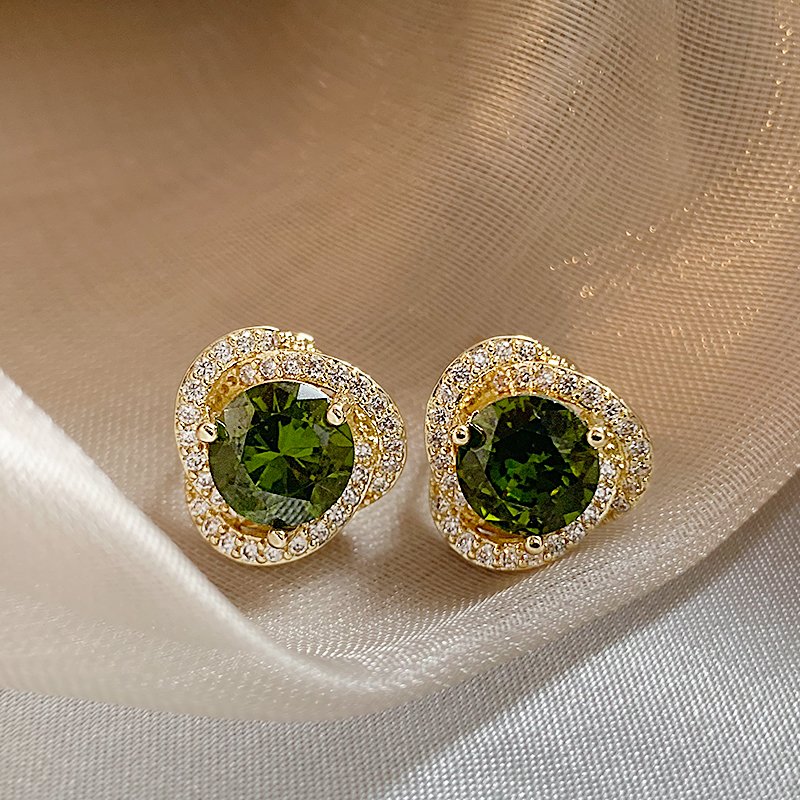 Retro olive green zircon earrings for women 2024 new popular high-end earrings light luxury niche unique ear accessories