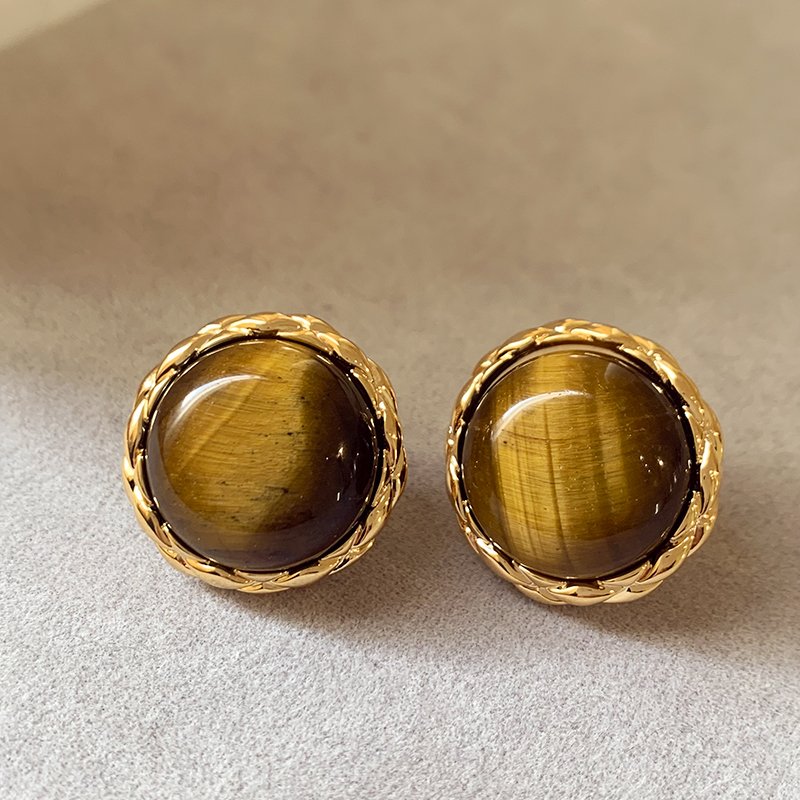 Tiger eye stone round earrings for women, with a luxurious and high-end temperament. 2024 new popular and unique earrings