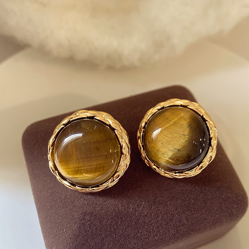 Tiger eye stone round earrings for women, with a luxurious and high-end temperament. 2024 new popular and unique earrings