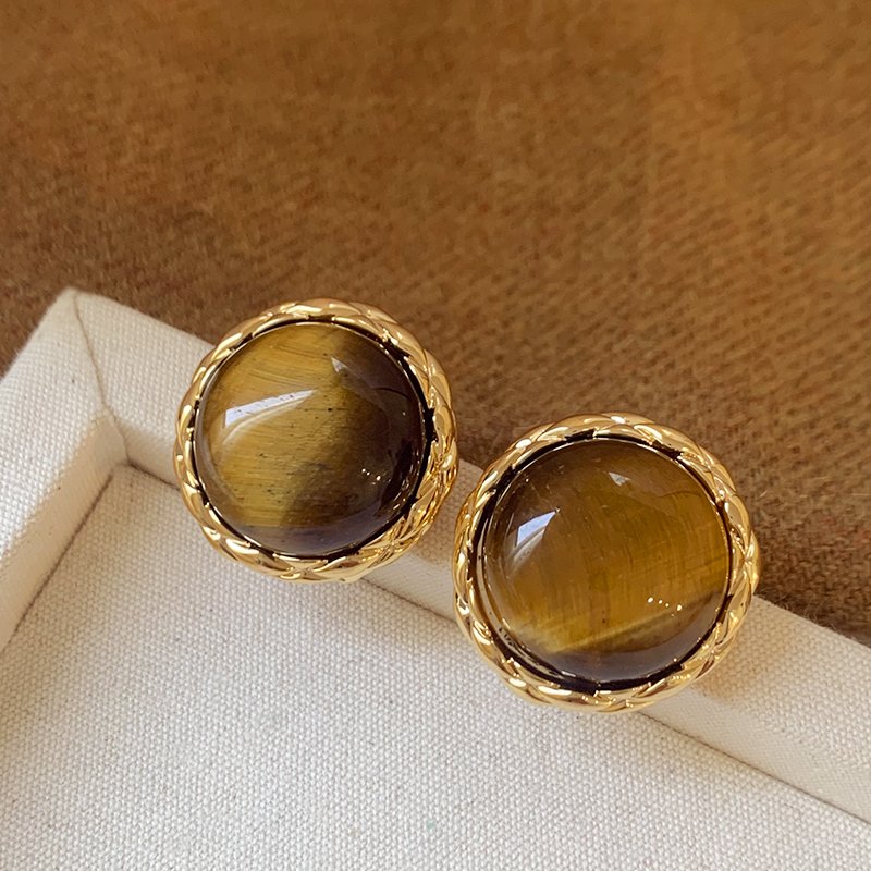 Tiger eye stone round earrings for women, with a luxurious and high-end temperament. 2024 new popular and unique earrings