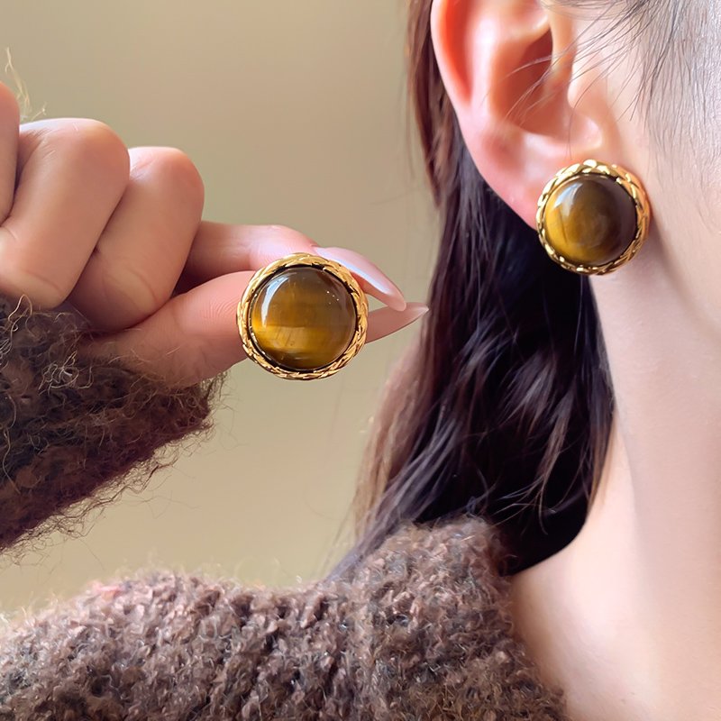 Tiger eye stone round earrings for women, with a luxurious and high-end temperament. 2024 new popular and unique earrings