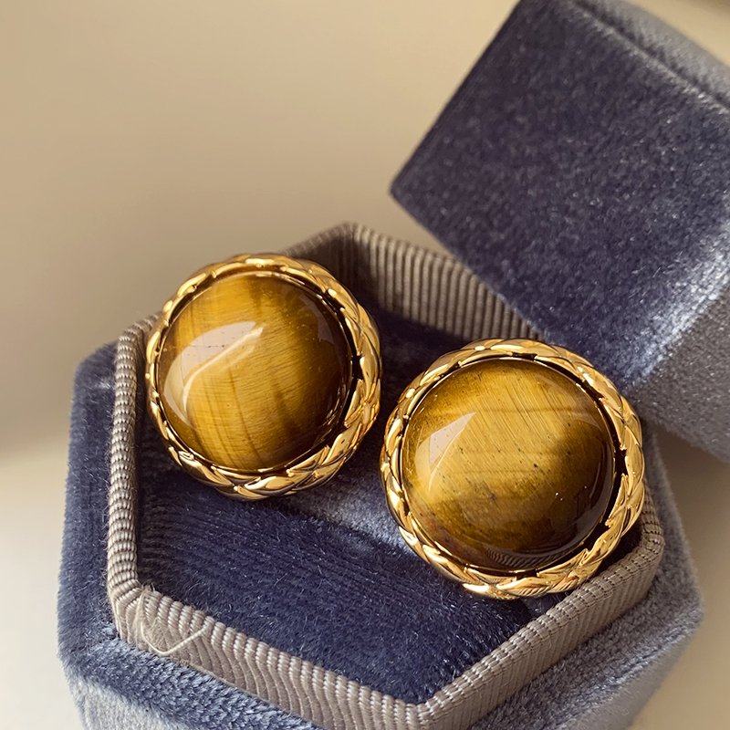 Tiger eye stone round earrings for women, with a luxurious and high-end temperament. 2024 new popular and unique earrings