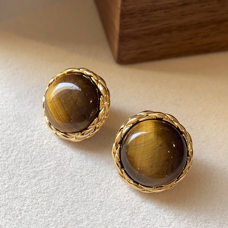 Tiger eye stone round earrings for women, with a luxurious and high-end temperament. 2024 new popular and unique earrings