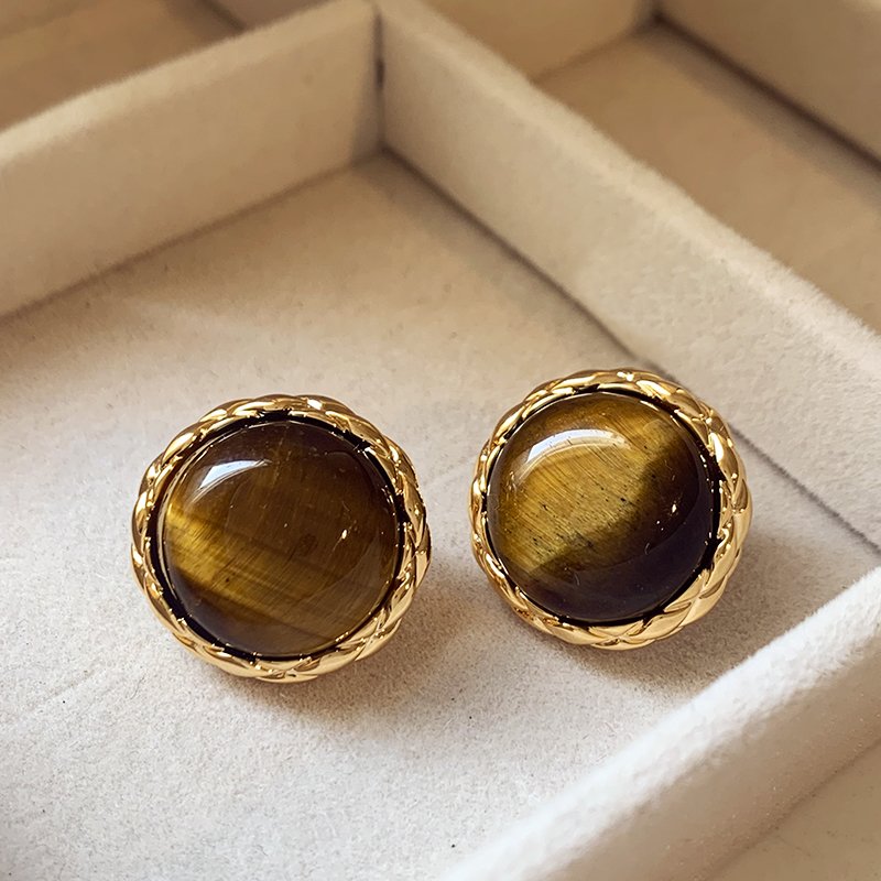 Tiger eye stone round earrings for women, with a luxurious and high-end temperament. 2024 new popular and unique earrings