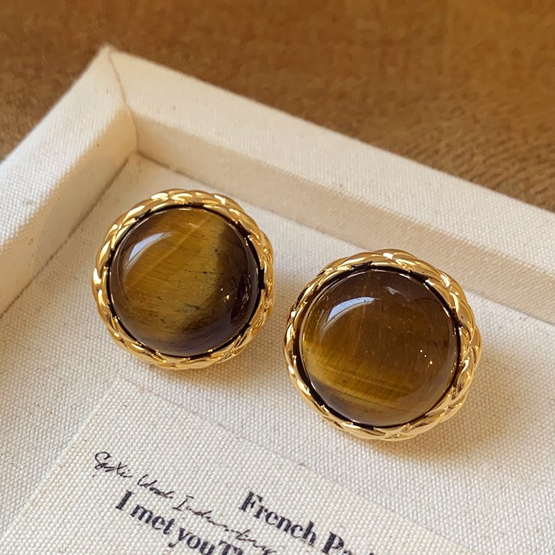 Tiger eye stone round earrings for women, with a luxurious and high-end temperament. 2024 new popular and unique earrings