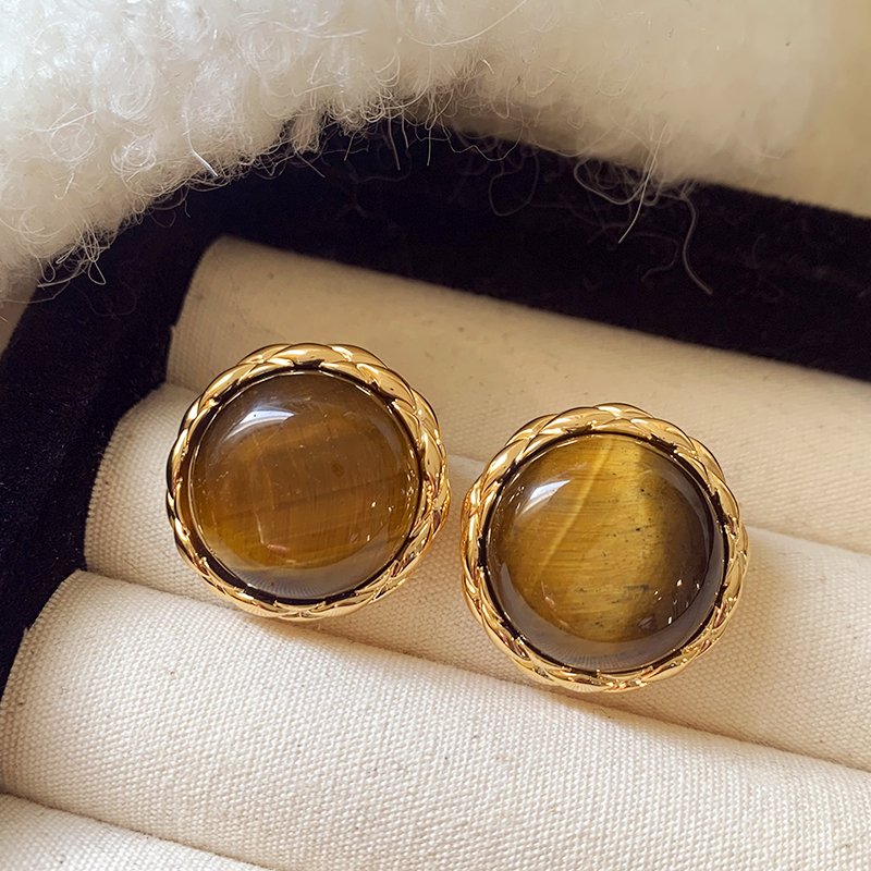 Tiger eye stone round earrings for women, with a luxurious and high-end temperament. 2024 new popular and unique earrings