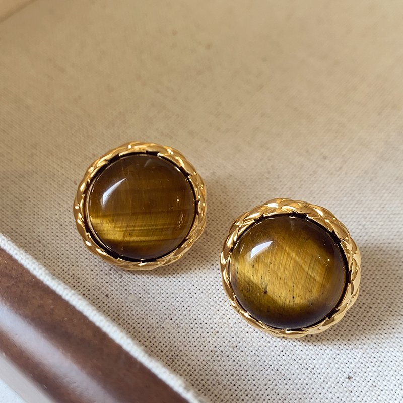 Tiger eye stone round earrings for women, with a luxurious and high-end temperament. 2024 new popular and unique earrings