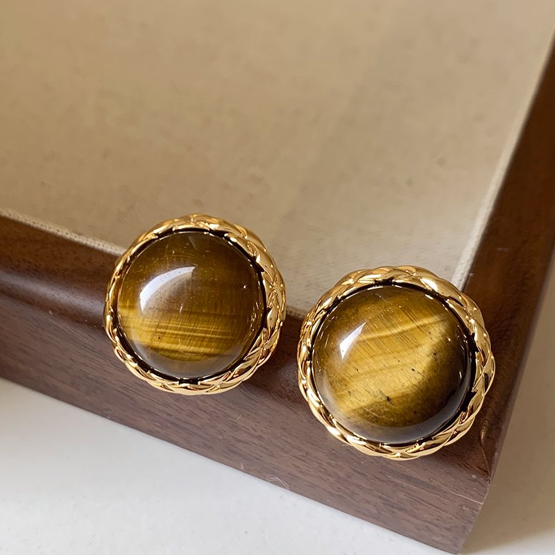 Tiger eye stone round earrings for women, with a luxurious and high-end temperament. 2024 new popular and unique earrings