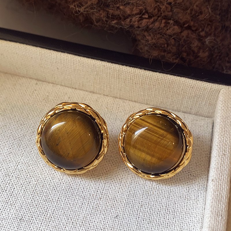 Tiger eye stone round earrings for women, with a luxurious and high-end temperament. 2024 new popular and unique earrings