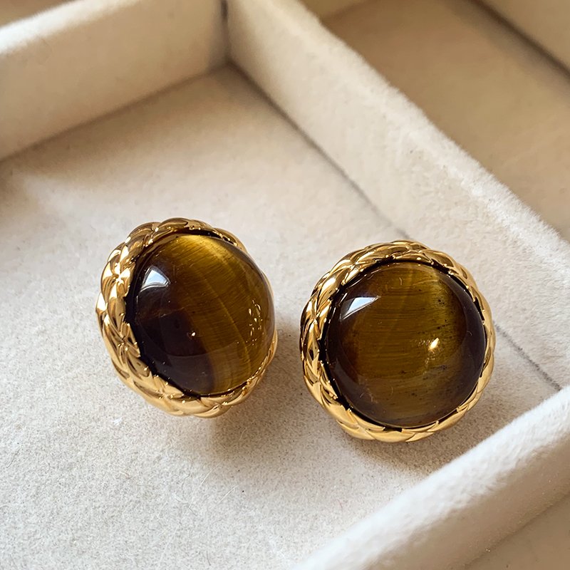 Tiger eye stone round earrings for women, with a luxurious and high-end temperament. 2024 new popular and unique earrings