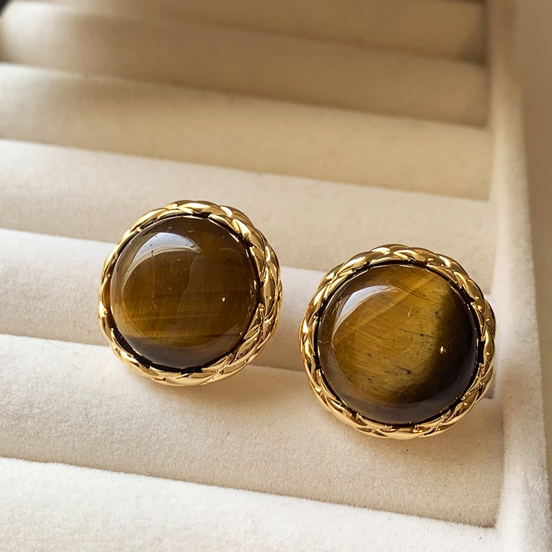 Tiger eye stone round earrings for women, with a luxurious and high-end temperament. 2024 new popular and unique earrings