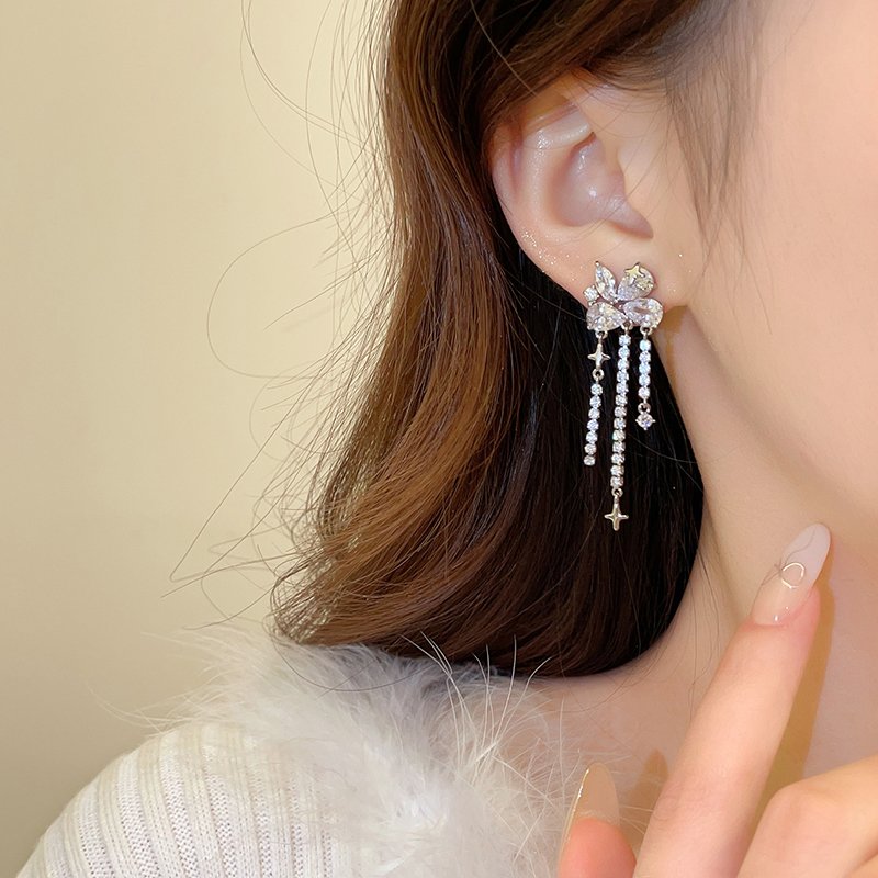 Zircon tassel butterfly earrings for women, with a light luxury and high-end temperament, earrings, 2024 new popular ear accessories