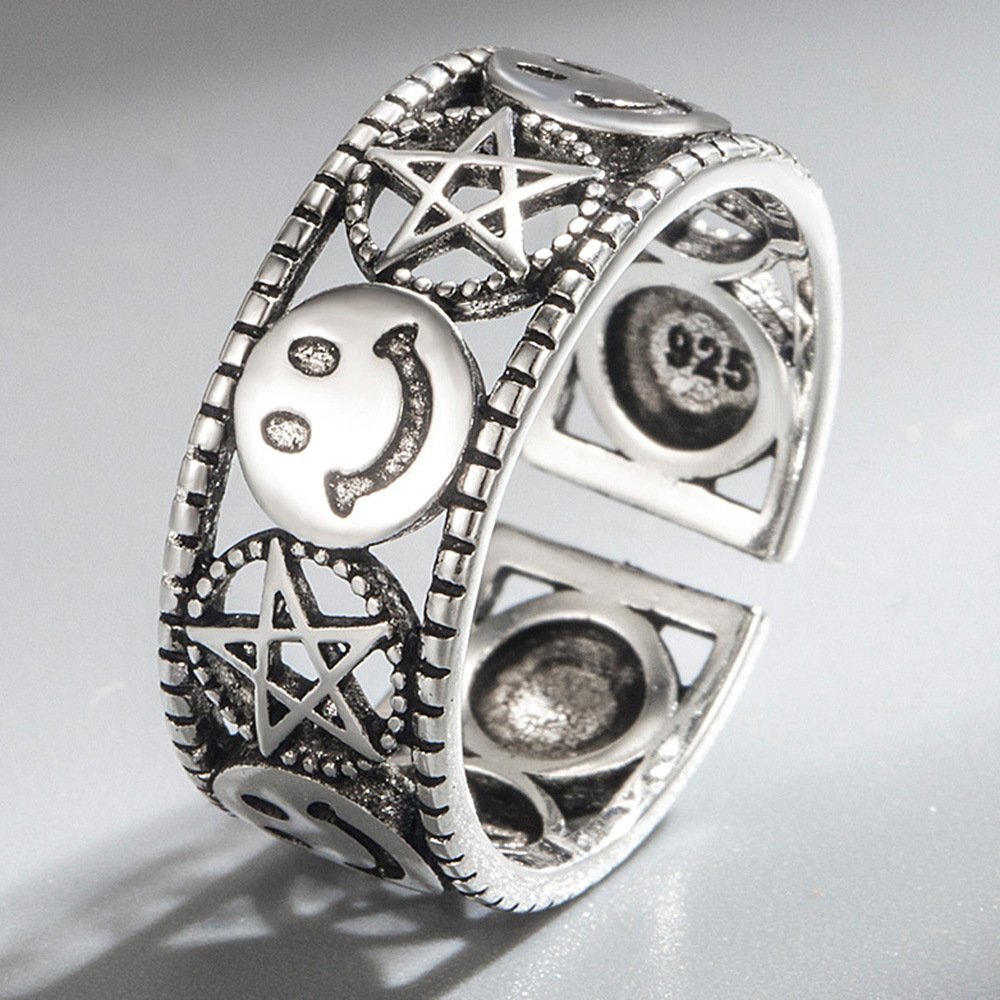 Fashion S925 silver ring with female personality, simple retro style, adjustable ring opening, temperament matching ring