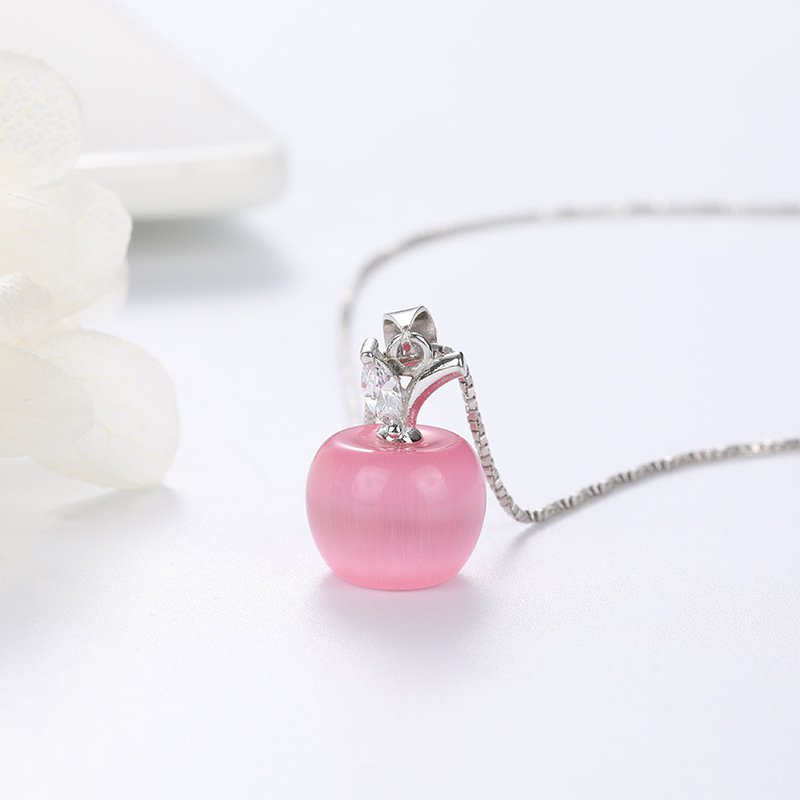 S925 Silver Apple Cat Eye Stone Pendant for Women, Anti Allergy and Non Fading Short Clavicle Necklace, Internet Celebrity Pendant, Head Accessory