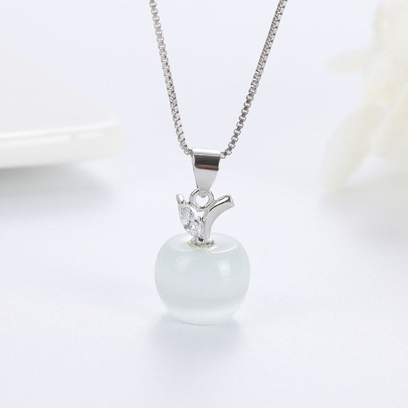 S925 Silver Apple Cat Eye Stone Pendant for Women, Anti Allergy and Non Fading Short Clavicle Necklace, Internet Celebrity Pendant, Head Accessory