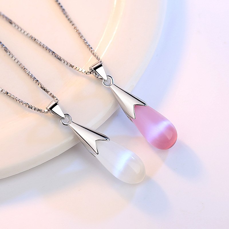 S925 Silver Water Drop Cat Eye Stone Pendant for Women, Simple and Non Fading Anti Allergy Clavicle Necklace, Personalized and Popular First Accessory