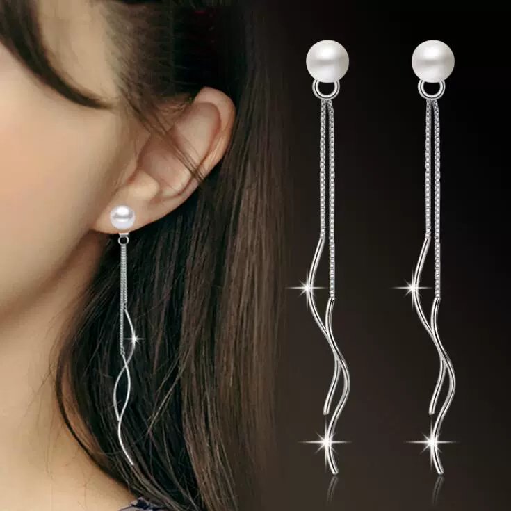 S925 pure silver Korean style fashionable zircon pearl ear string long tassel earrings popular sweet birthday gift