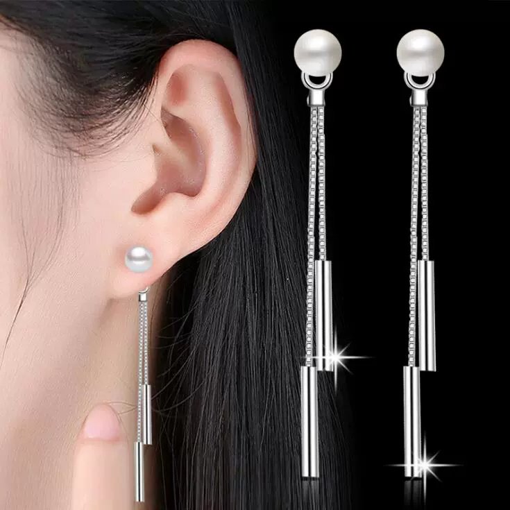 S925 pure silver Korean style fashionable zircon pearl ear string long tassel earrings popular sweet birthday gift