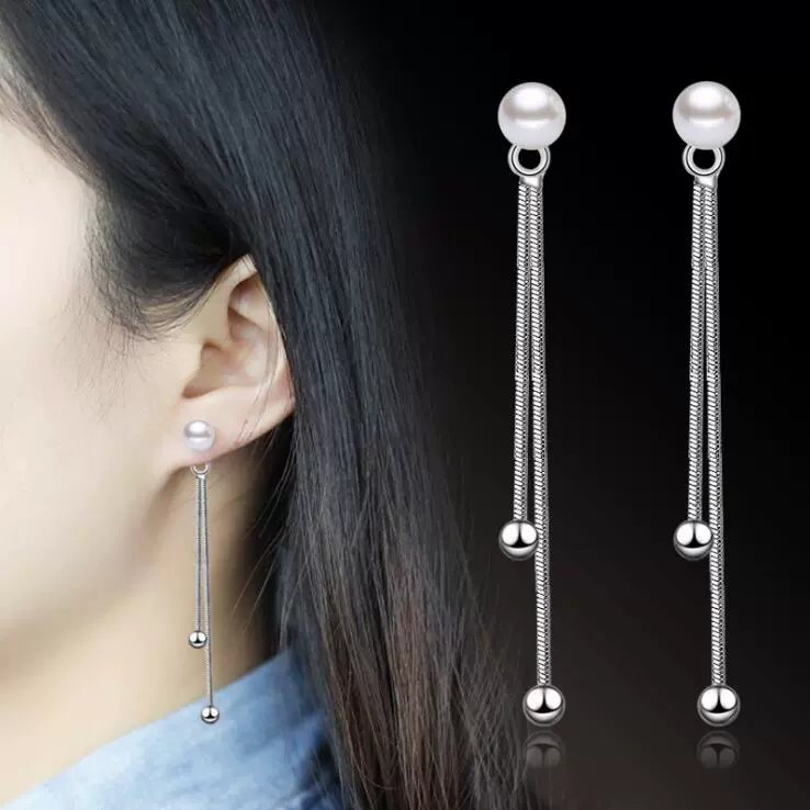 S925 pure silver Korean style fashionable zircon pearl ear string long tassel earrings popular sweet birthday gift