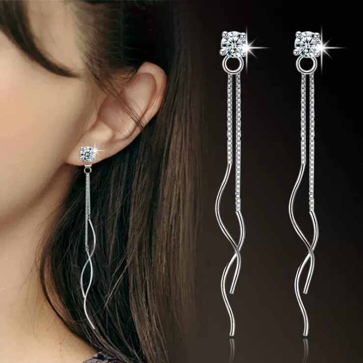 S925 pure silver Korean style fashionable zircon pearl ear string long tassel earrings popular sweet birthday gift