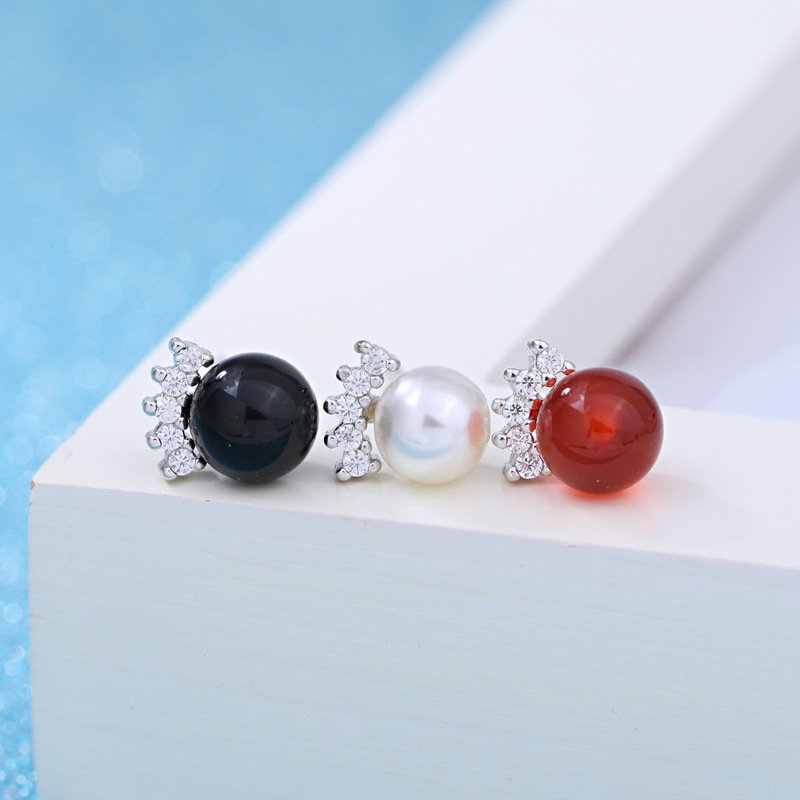 S925 pure silver temperament crown earrings for women, fashionable and simple pearl earrings, anti allergic and non fading ear buckle accessories