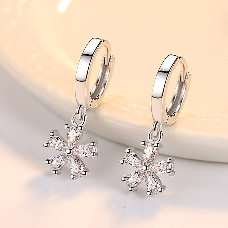 S925 pure silver temperament simple zircon earrings for women sweet and fashionable earrings anti allergic versatile flower earrings accessories