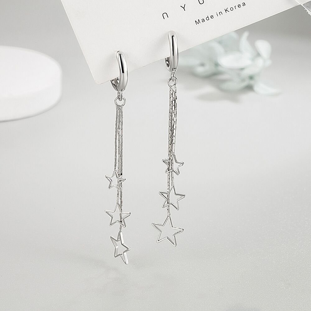 S925 sterling silver pentagram earrings for women, simple and versatile, non fading ear buckle, long tassel earrings, internet famous accessories