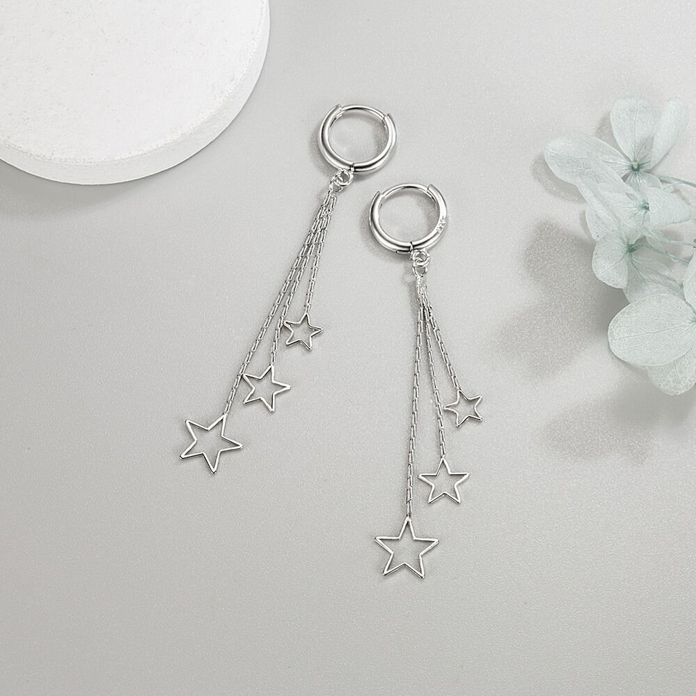 S925 sterling silver pentagram earrings for women, simple and versatile, non fading ear buckle, long tassel earrings, internet famous accessories