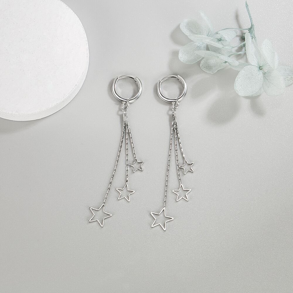 S925 sterling silver pentagram earrings for women, simple and versatile, non fading ear buckle, long tassel earrings, internet famous accessories