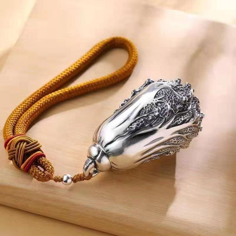 Cabbage pendant S925 silver handle piece, Caidao ornament, men's and women's retro personality, used car keychain