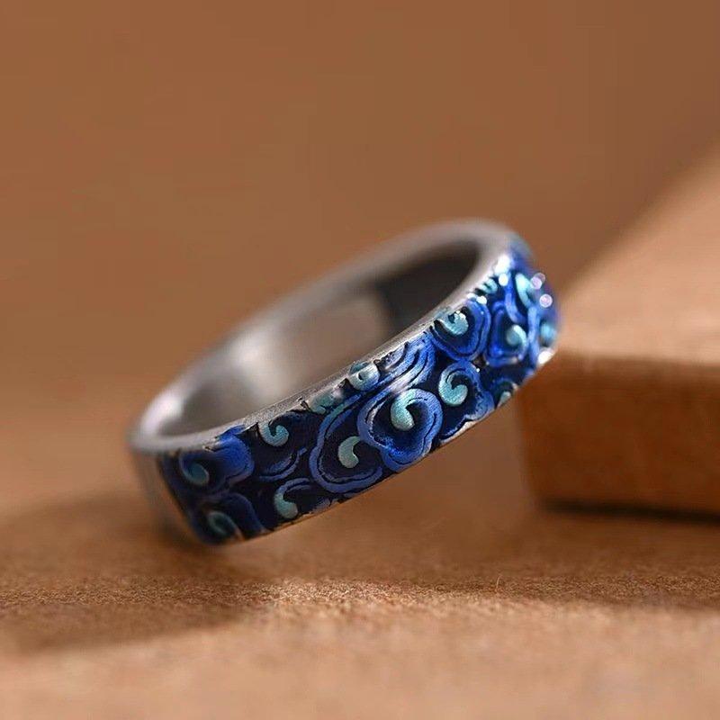 Ethnic style retro enamel cloisonn é auspicious cloud ring, men's and women's drip glue craft solid high-end romantic partner ring