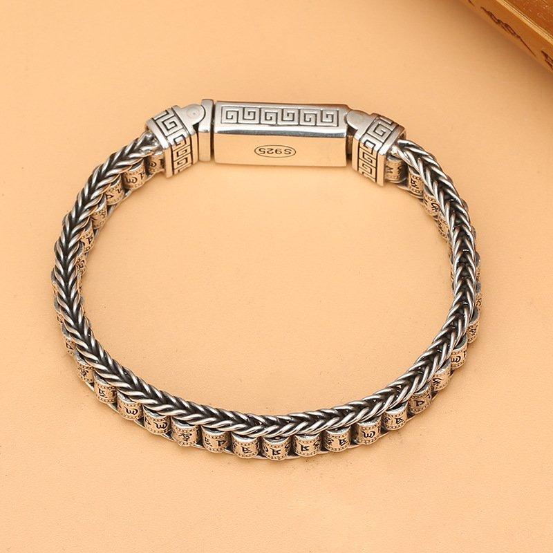 Lulutong s925 Silver Bracelet Men's Hand Woven Six Character Mantra Roller Silver Rotating Retro Fashion Personality