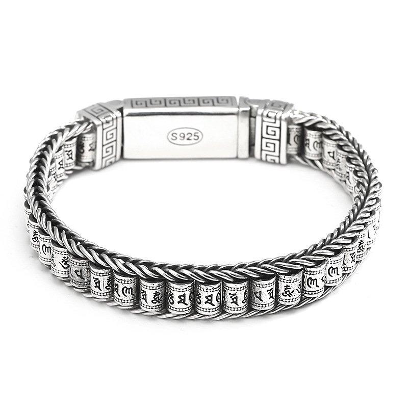 Lulutong s925 Silver Bracelet Men's Hand Woven Six Character Mantra Roller Silver Rotating Retro Fashion Personality