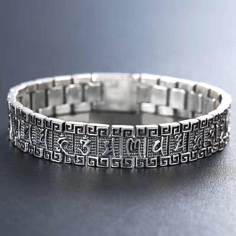 Men's wide version men's bracelet s925 silver personality bold six character mantra bracelet retro men