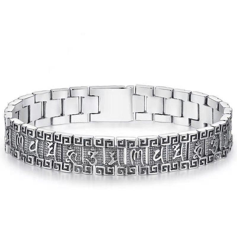 Men's wide version men's bracelet s925 silver personality bold six character mantra bracelet retro men