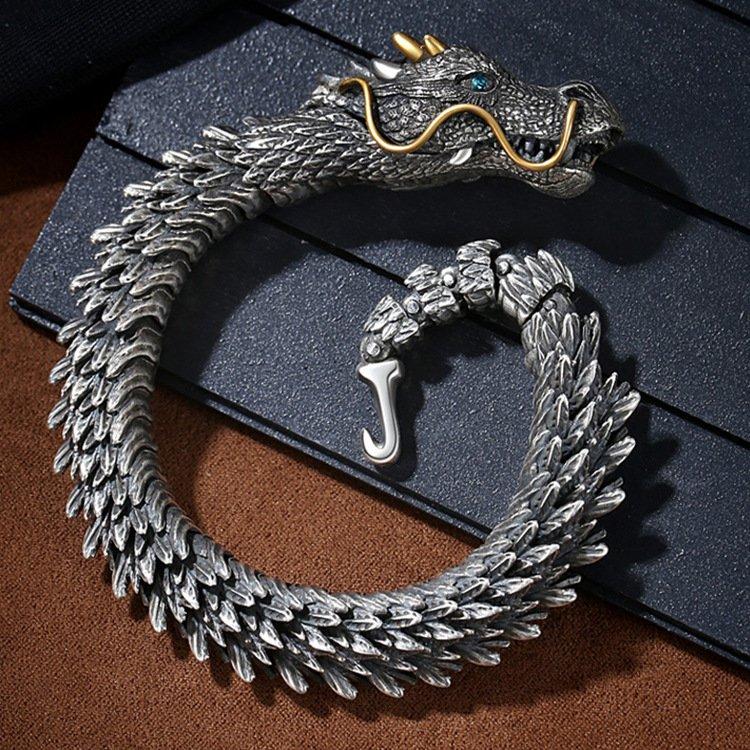 New Dragon Bracelet s925 Silver Men's Retro Dominance Trendy Men's Bracelet Dragon Bone Cold Style High End Feeling