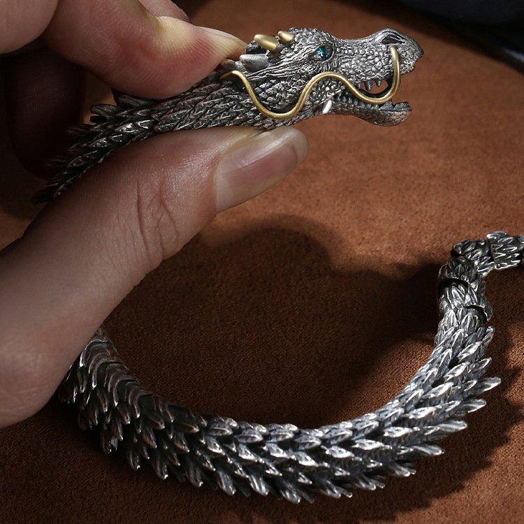 New Dragon Bracelet s925 Silver Men's Retro Dominance Trendy Men's Bracelet Dragon Bone Cold Style High End Feeling