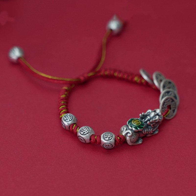 New s925 Silver Five Emperor Money Pixiu Bracelet Men's and Women's Handmade Weaving Bracelet