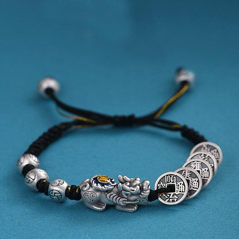 New s925 Silver Five Emperor Money Pixiu Bracelet Men's and Women's Handmade Weaving Bracelet