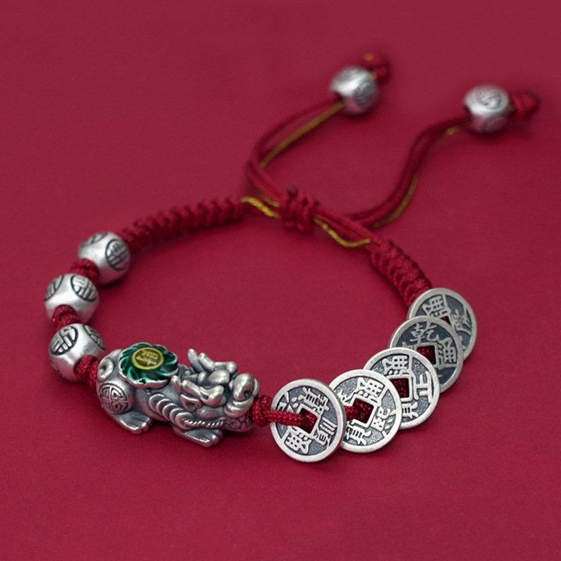 New s925 Silver Five Emperor Money Pixiu Bracelet Men's and Women's Handmade Weaving Bracelet