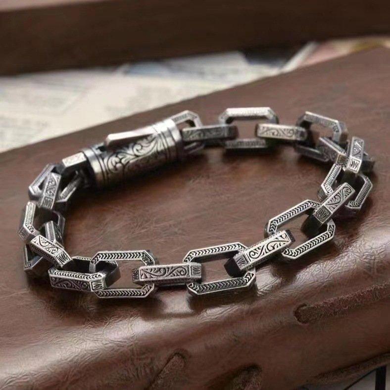 New s925 Silver Vine Grass Pattern Personalized Bracelet for Men, Trendy Thai Silver Creative Design, Heavy Industry Crafted Retro Bracelet