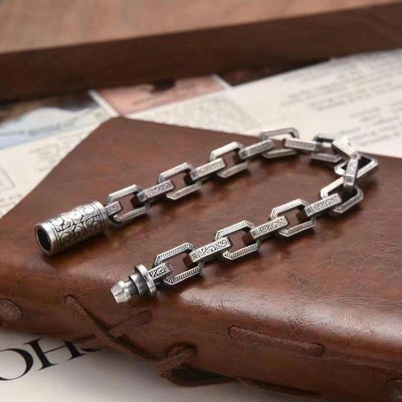 New s925 Silver Vine Grass Pattern Personalized Bracelet for Men, Trendy Thai Silver Creative Design, Heavy Industry Crafted Retro Bracelet