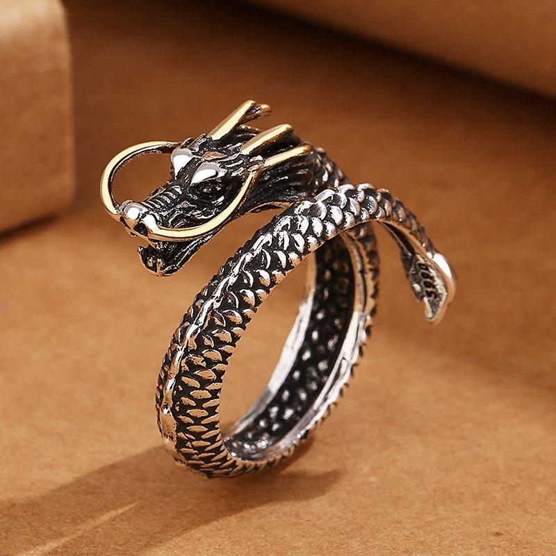 New vintage s925 silver Chinese Loong ring personality hip-hop street national style old tap opening adjustable