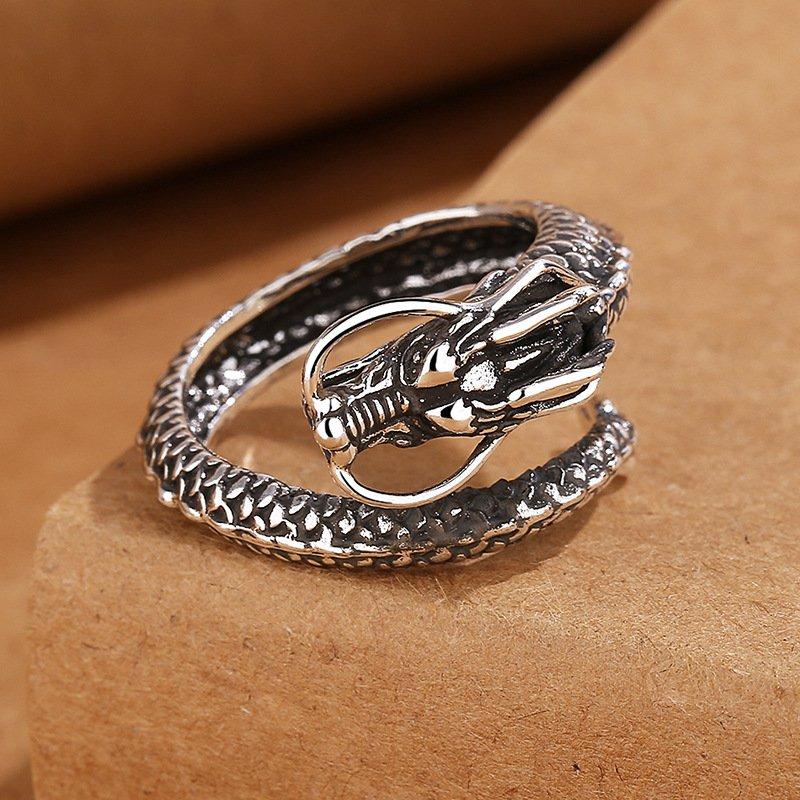 New vintage s925 silver Chinese Loong ring personality hip-hop street national style old tap opening adjustable