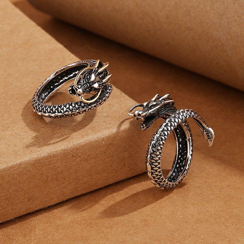 New vintage s925 silver Chinese Loong ring personality hip-hop street national style old tap opening adjustable