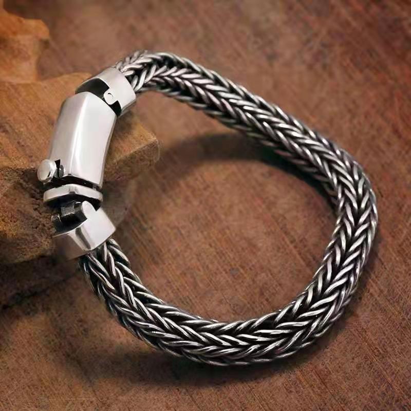 Pure handmade trendy woven bracelet s925 silver retro domineering coarse style men's personalized dragon bone engraved bracelet