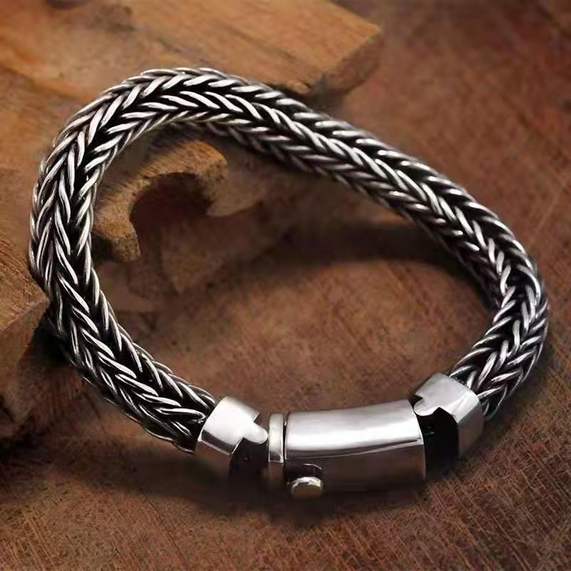 Pure handmade trendy woven bracelet s925 silver retro domineering coarse style men's personalized dragon bone engraved bracelet