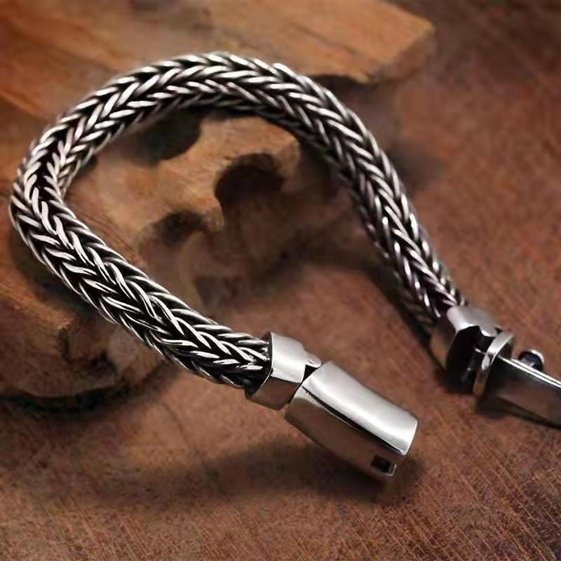 Pure handmade trendy woven bracelet s925 silver retro domineering coarse style men's personalized dragon bone engraved bracelet